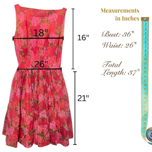Vintage 1950s Sleeveless Red Pink Floral Swing Dress - Picture 4 of 15